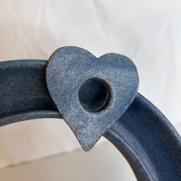 Handcrafted Pottery Ring w/ Four Heart Taper Candle Holders Two Tone Blue Decor - Picture 7 of 7